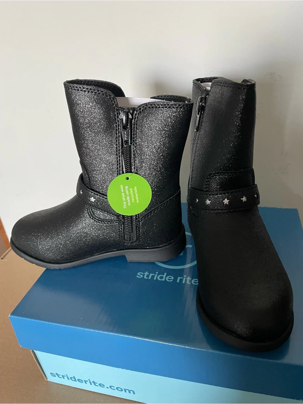 Stride Rite Sr Lizz Black Shimmer Boots Toddler Girl Zip Stars Mid Calf NEW Box